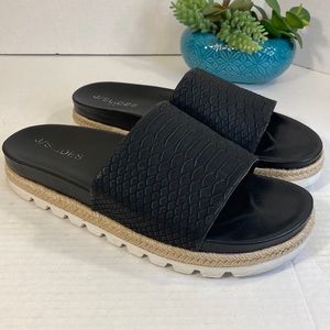 J SLIDES black snakeskin pattern, J slides slip on one strap sandals size 10